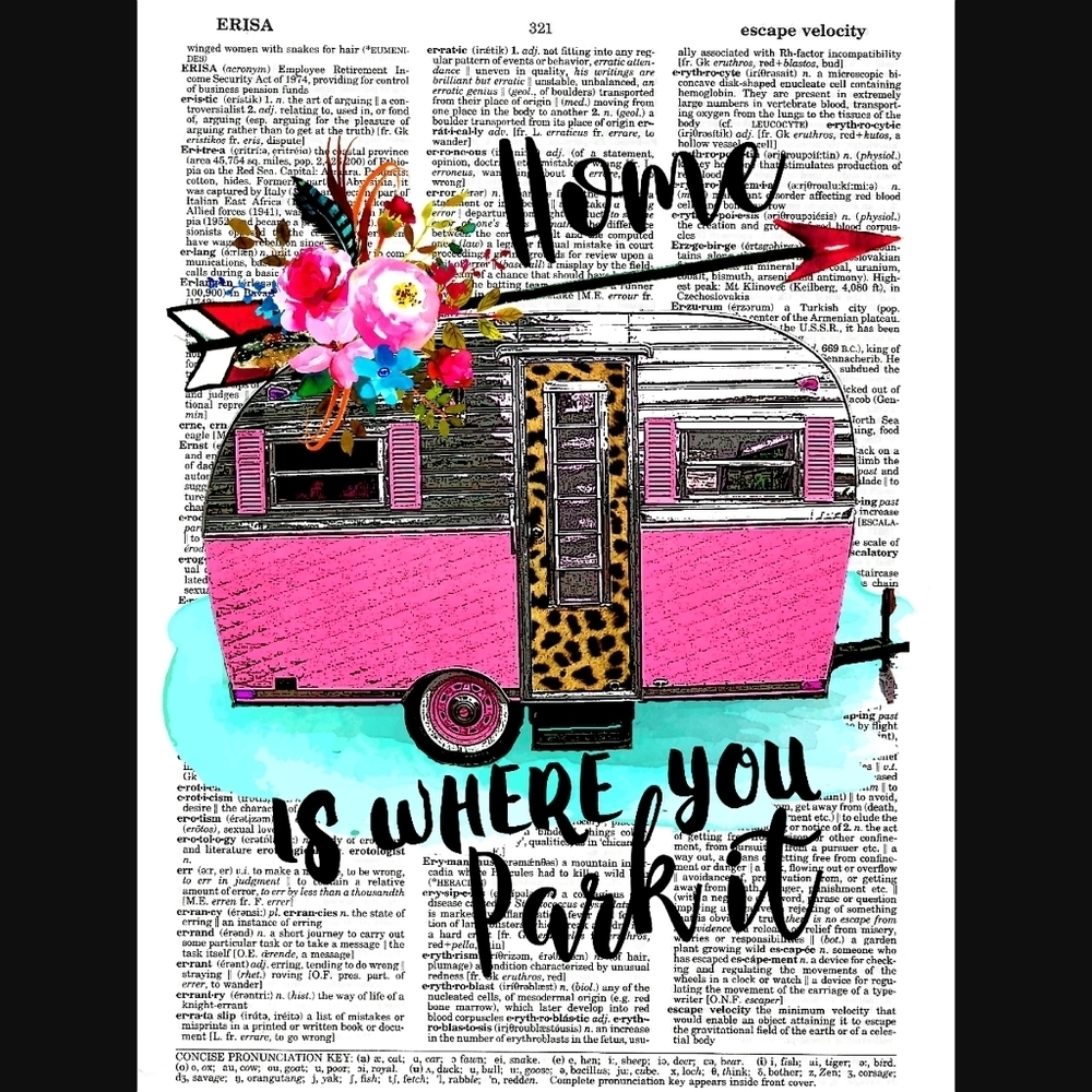Pink Camper Travel Dictionary Art Print Wanderlust